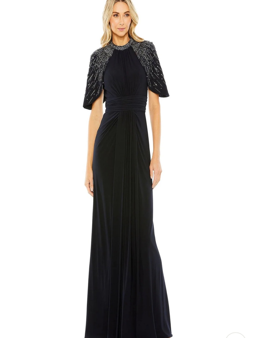 Mac Duggal Navy Beaded Cape Evening Gown